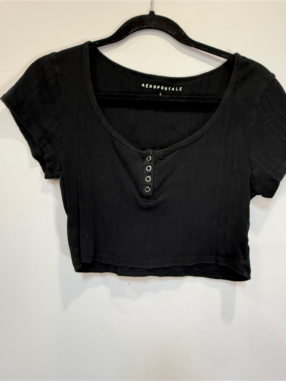 Aeropostale Black Ribbed Henley Crop Tee